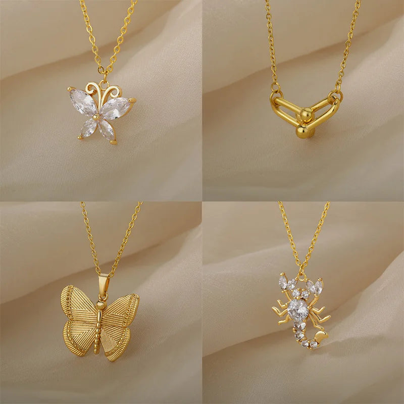 Stainless Steel Butterfly Necklaces For Women Zircon Scorpion Butterfly Animal Pin Pendant Chain Choker Necklace Jewelry Gift