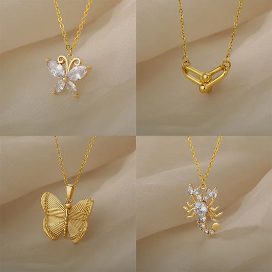 Stainless Steel Butterfly Necklaces For Women Zircon Scorpion Butterfly Animal Pin Pendant Chain Choker Necklace Jewelry Gift