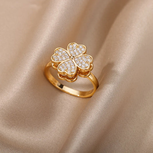 Glamoora Heart Shaped Clover Anxiety Rotate Ring