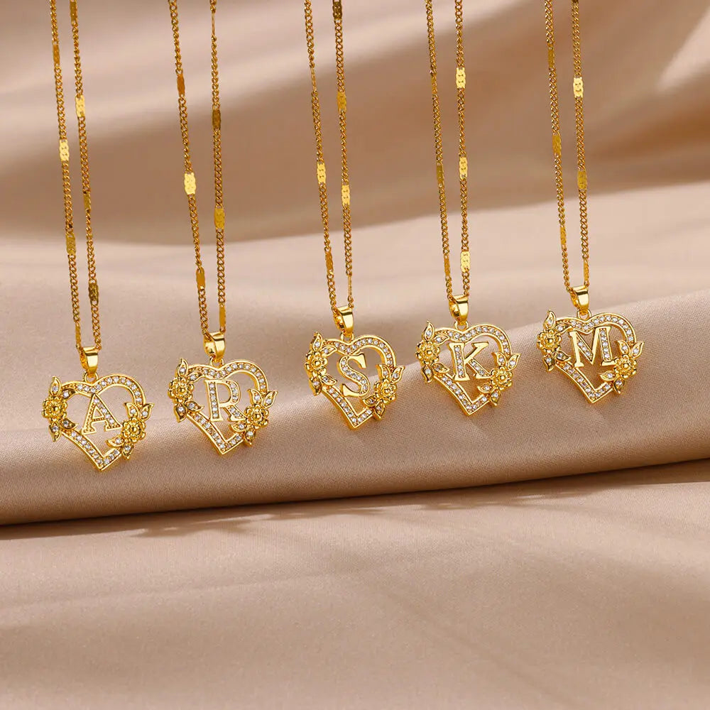 Glamoora Zircon Flower Heart Initials Necklaces