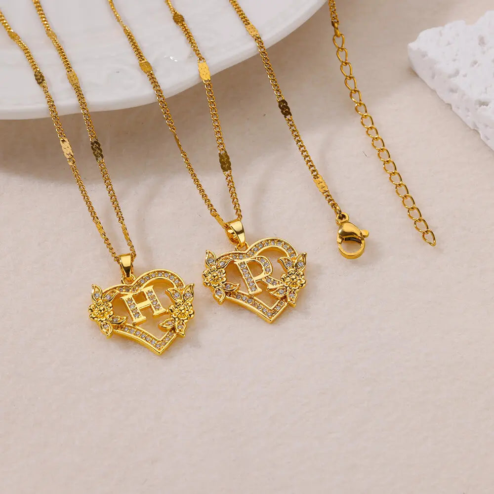 Glamoora Zircon Flower Heart Initials Necklaces