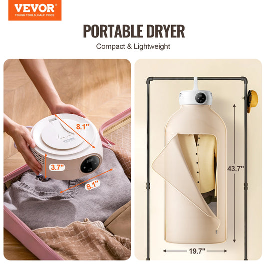 VEVOR Portable Clothes Dryer w/ Dryer Bag 600W Foldable Mini Dryer w/ 5-H Timer & LED Display for Apartments Dorms RVs or Hotels